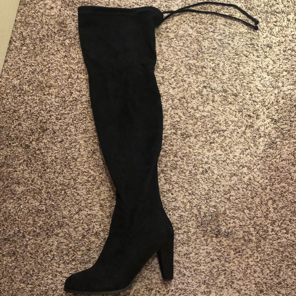 Above the knee faux suede drawstring boots